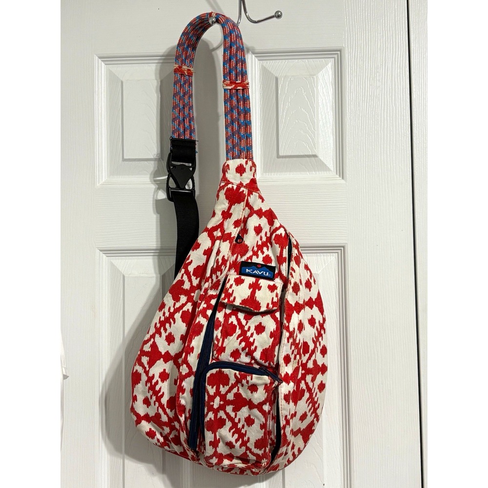 KAVU Red/White Geometric Crossbody Sling Rope Bag Adjustable Strap Zip Pockets